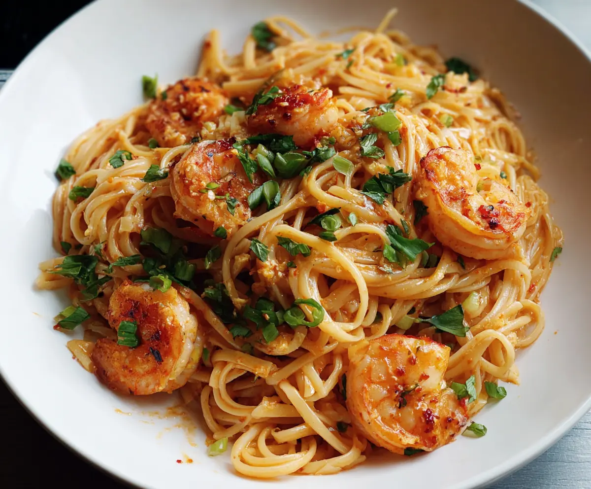 Delicious Bang Bang Shrimp Pasta with crispy shrimp and creamy spicy sauce on a plate
