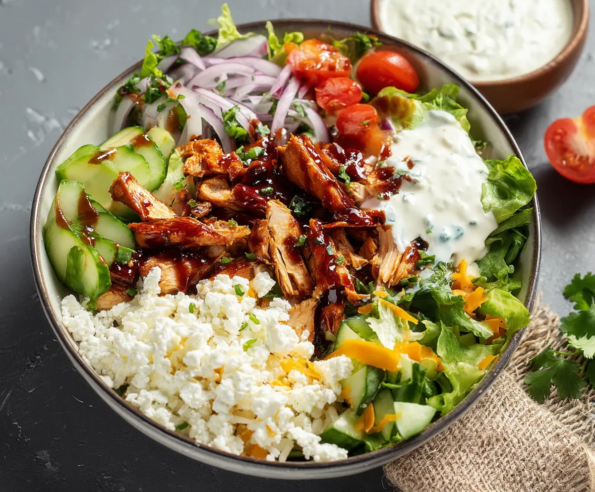 Delicious BBQ Chicken Cottage Cheese Bowl served with fresh vegetables and herbs.