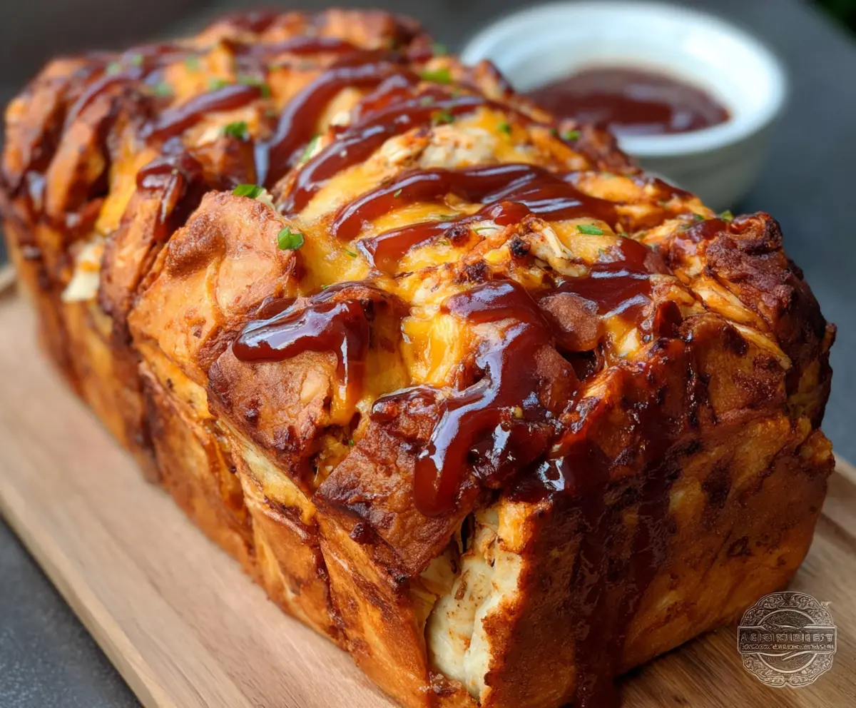 Delicious BBQ Chicken Pull Apart Bread topped with melted cheese and crispy edges.