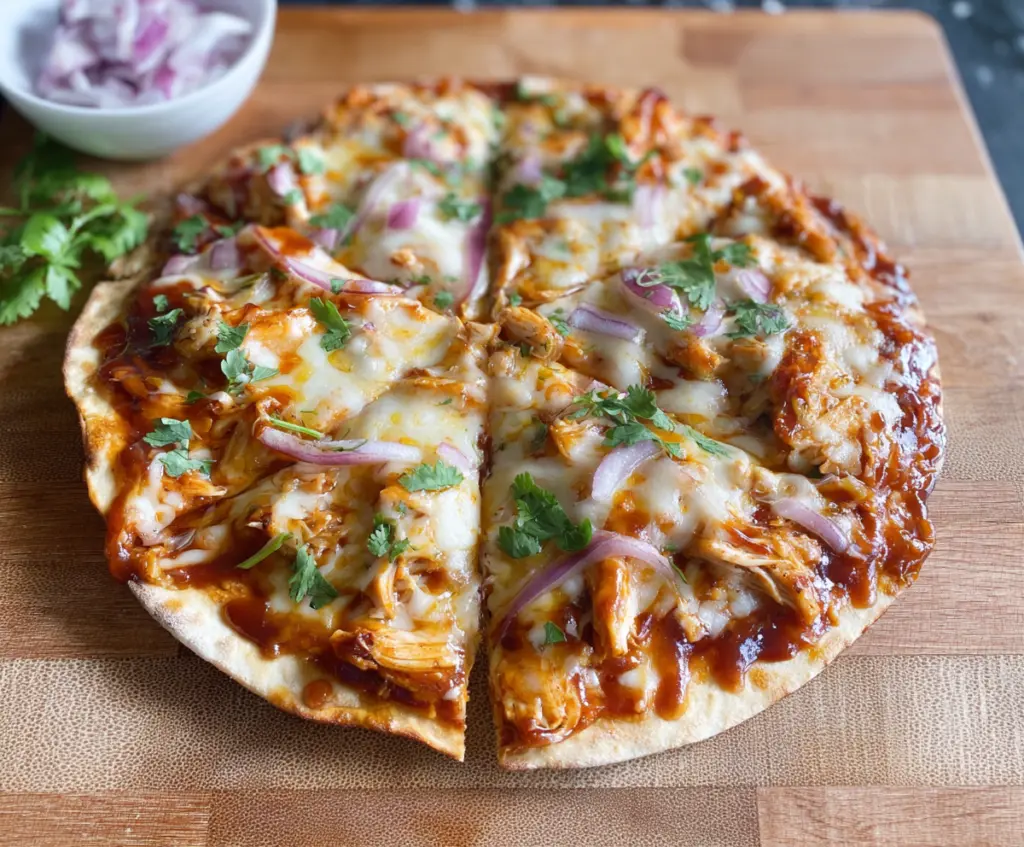Delicious BBQ Chicken Tortilla Pizza topped with melted cheese and fresh herbs.