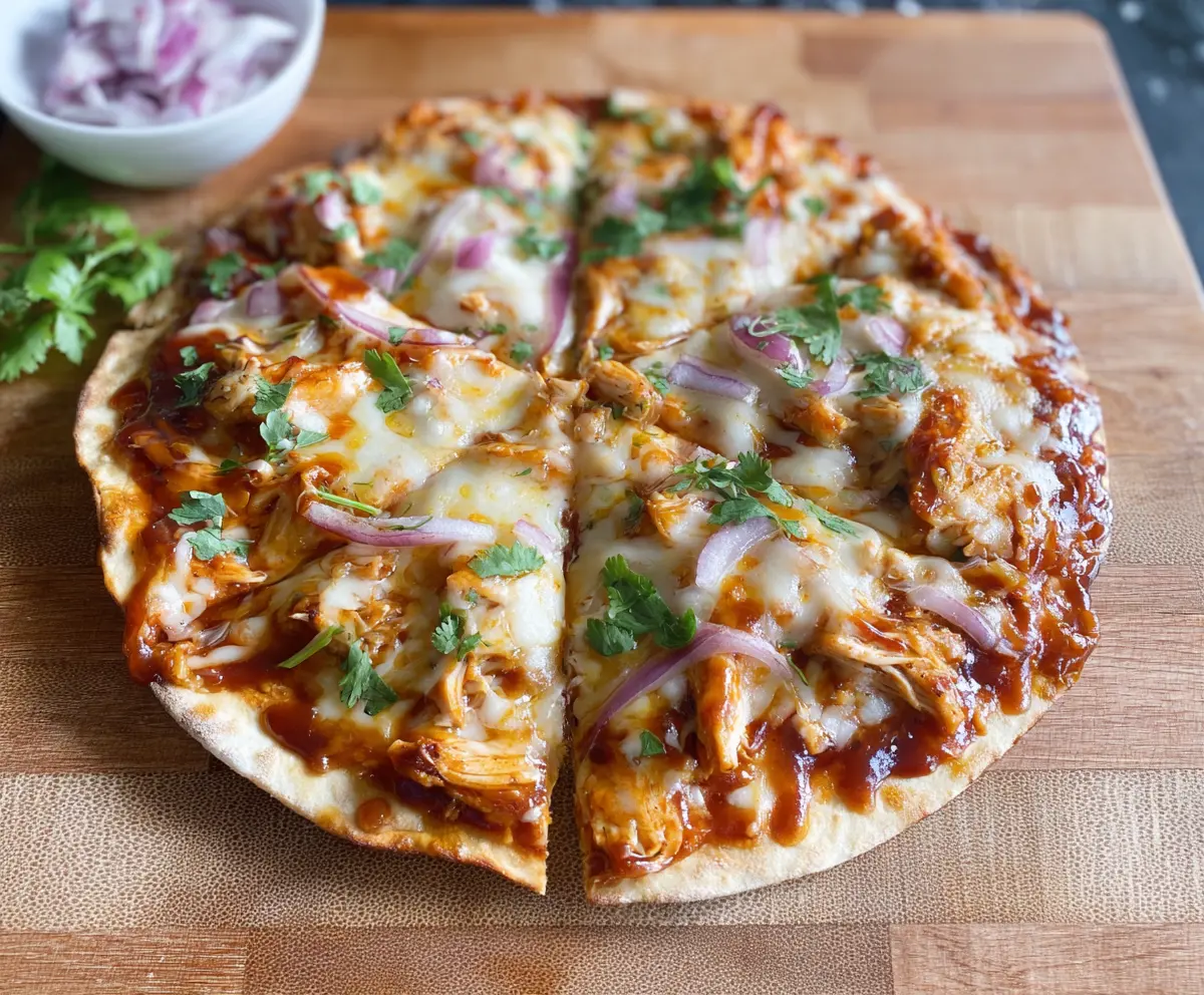 Delicious BBQ Chicken Tortilla Pizza topped with melted cheese and fresh herbs.