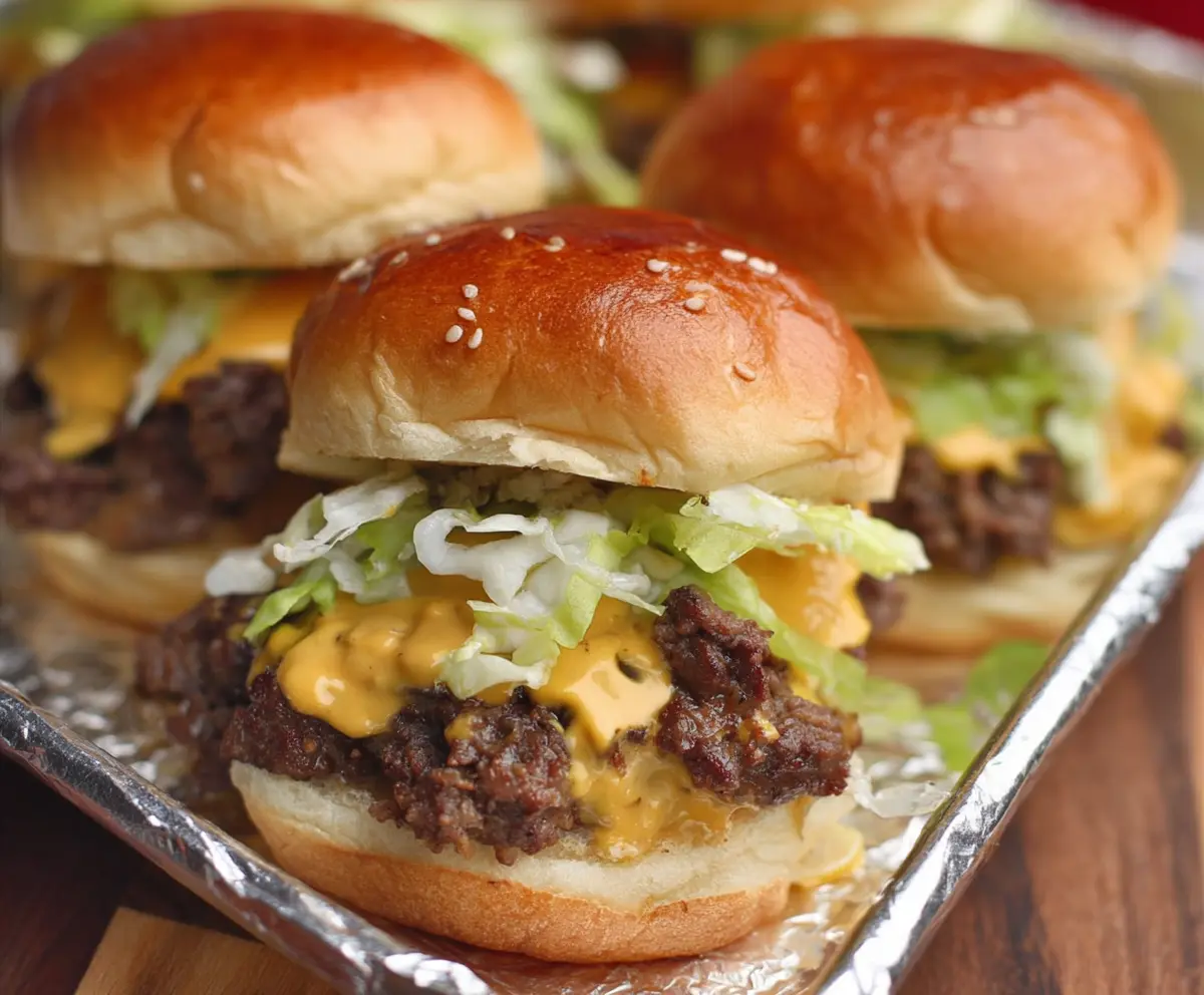 Delicious Beefy And Big Mac Sliders stacked with juicy beef patties, crispy lettuce, and melted cheese on soft slider buns.