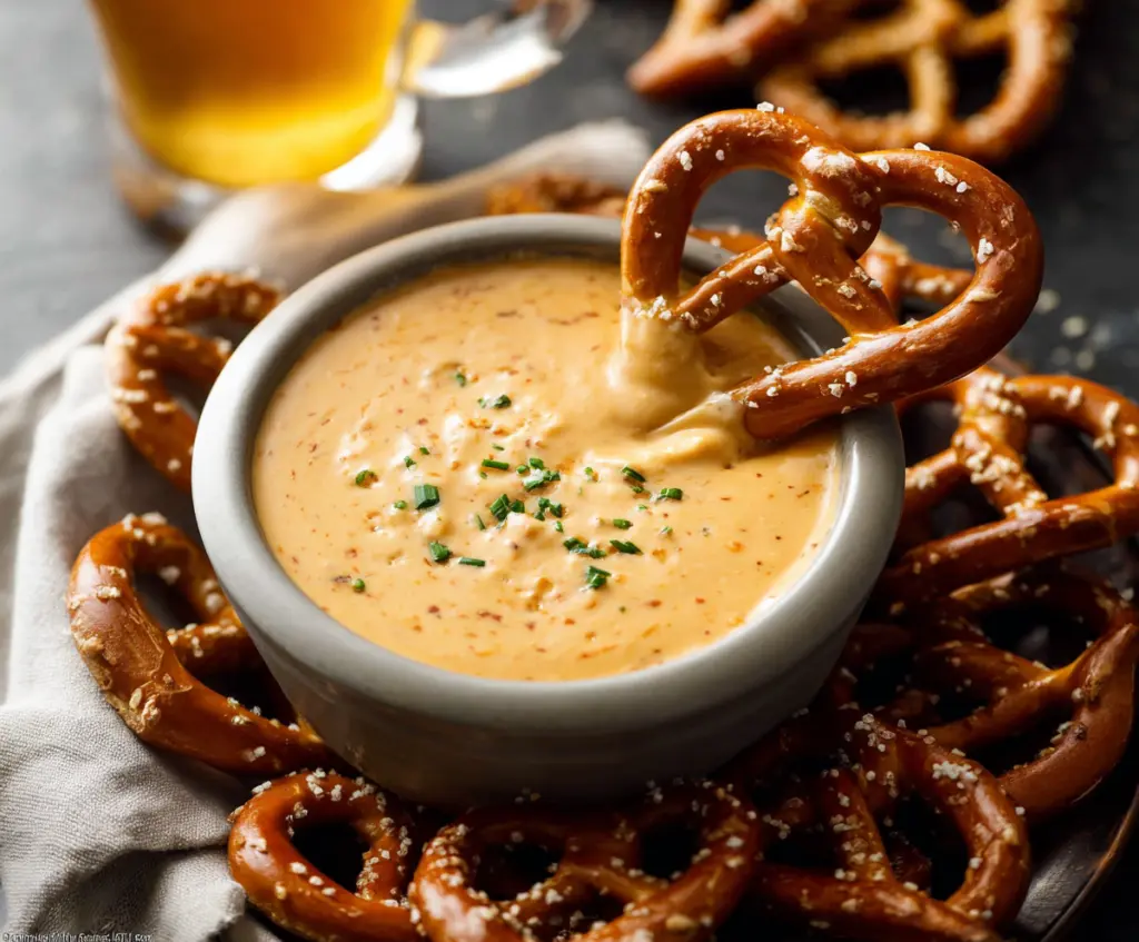 Creamy beer cheese dip served with crispy pretzels for a savory snack.