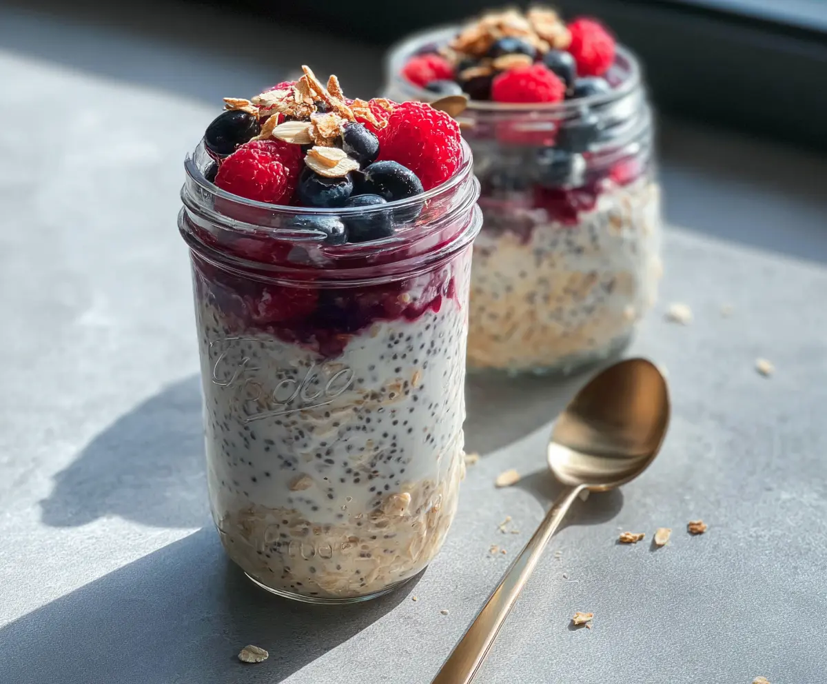 Healthy berries and creamy overnight oats in a glass jar perfect for breakfast.