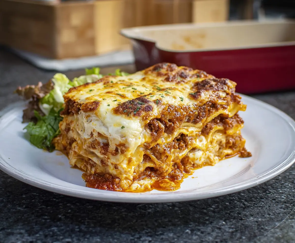 Delicious homemade bison lasagna with melted cheese and rich tomato sauce on a serving plate.