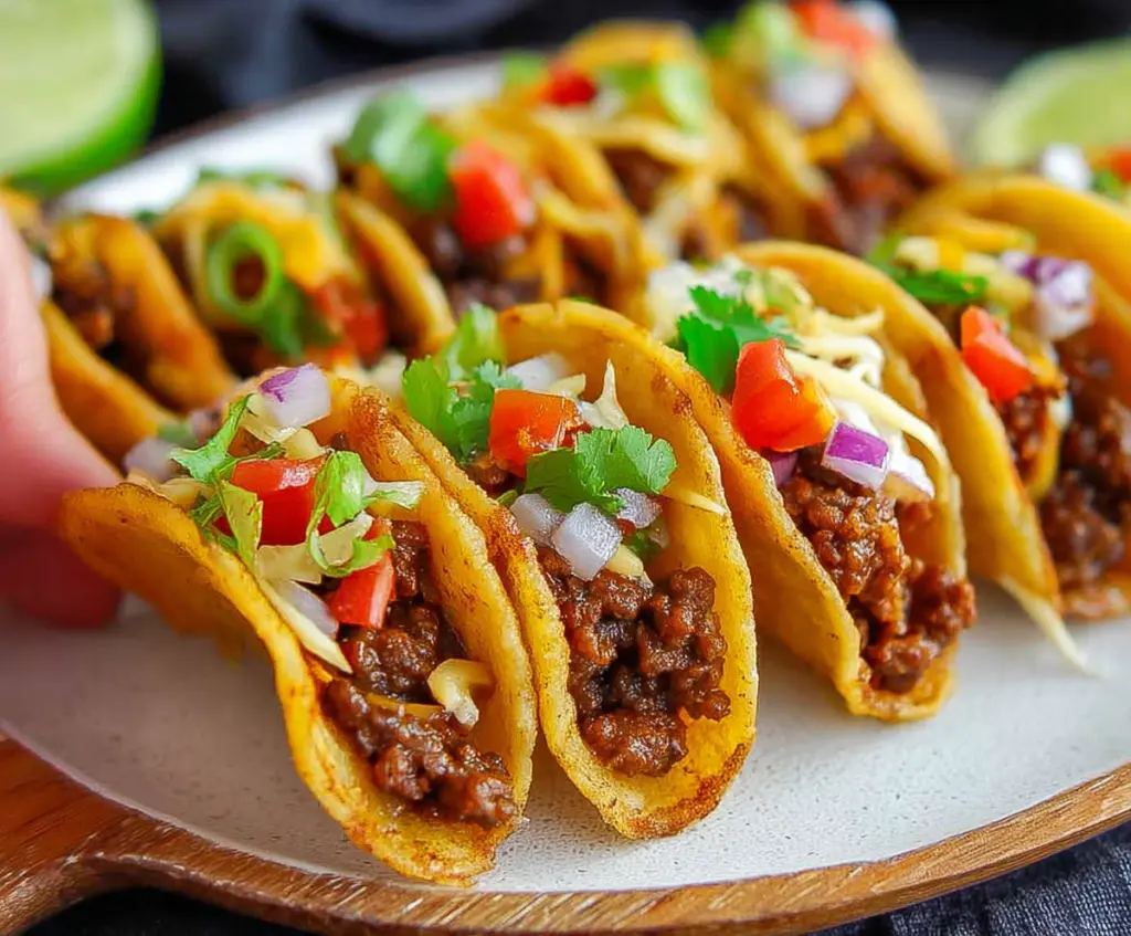 Delicious bite-sized mini tacos filled with fresh ingredients, perfect for snacks or parties.