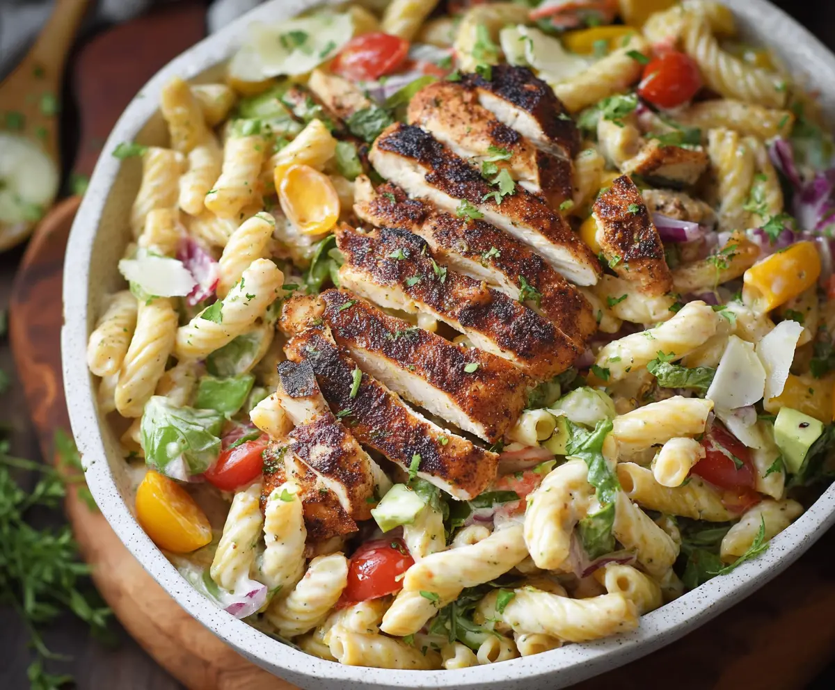 Creamy blackened chicken pasta salad with fresh vegetables and herbs, perfect for a summer meal.