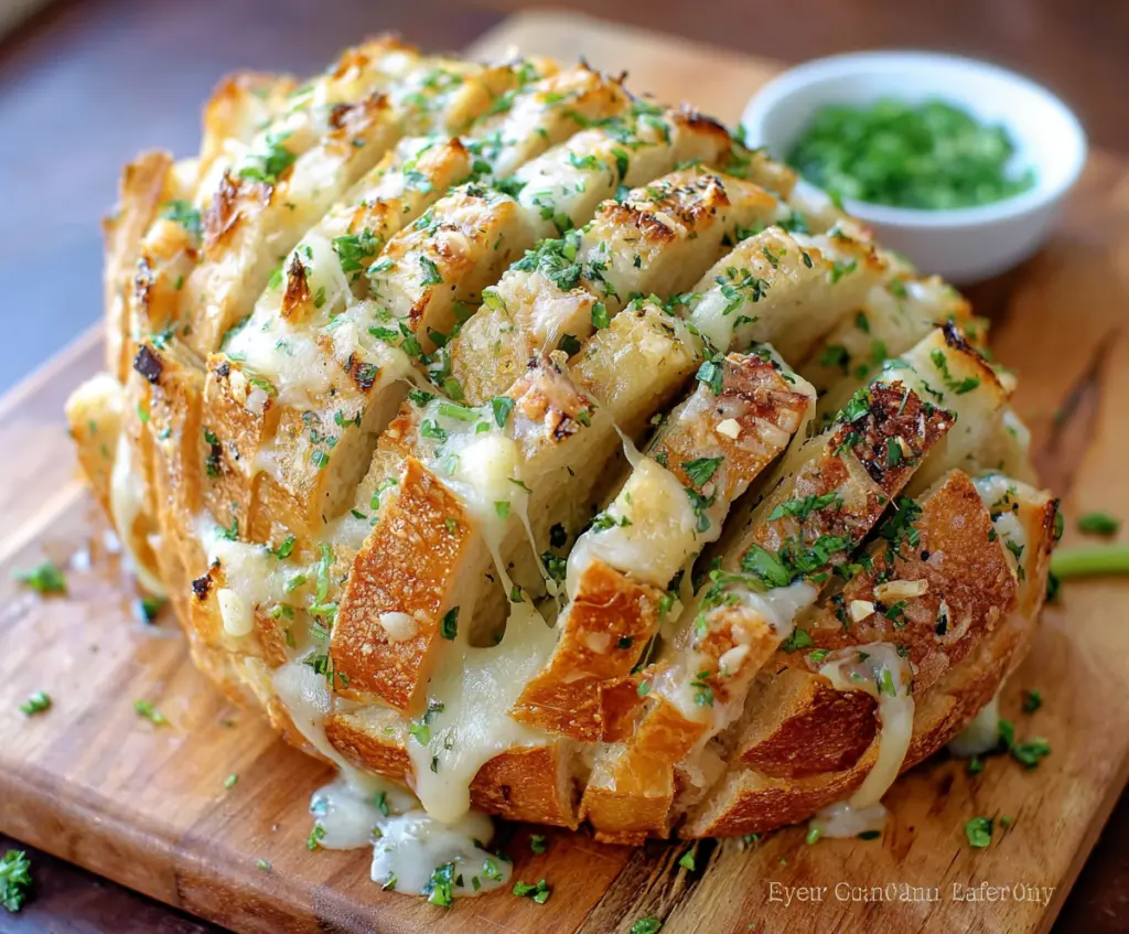 Delicious Bloomin Onion Garlic Bread served on a plate with herbs.