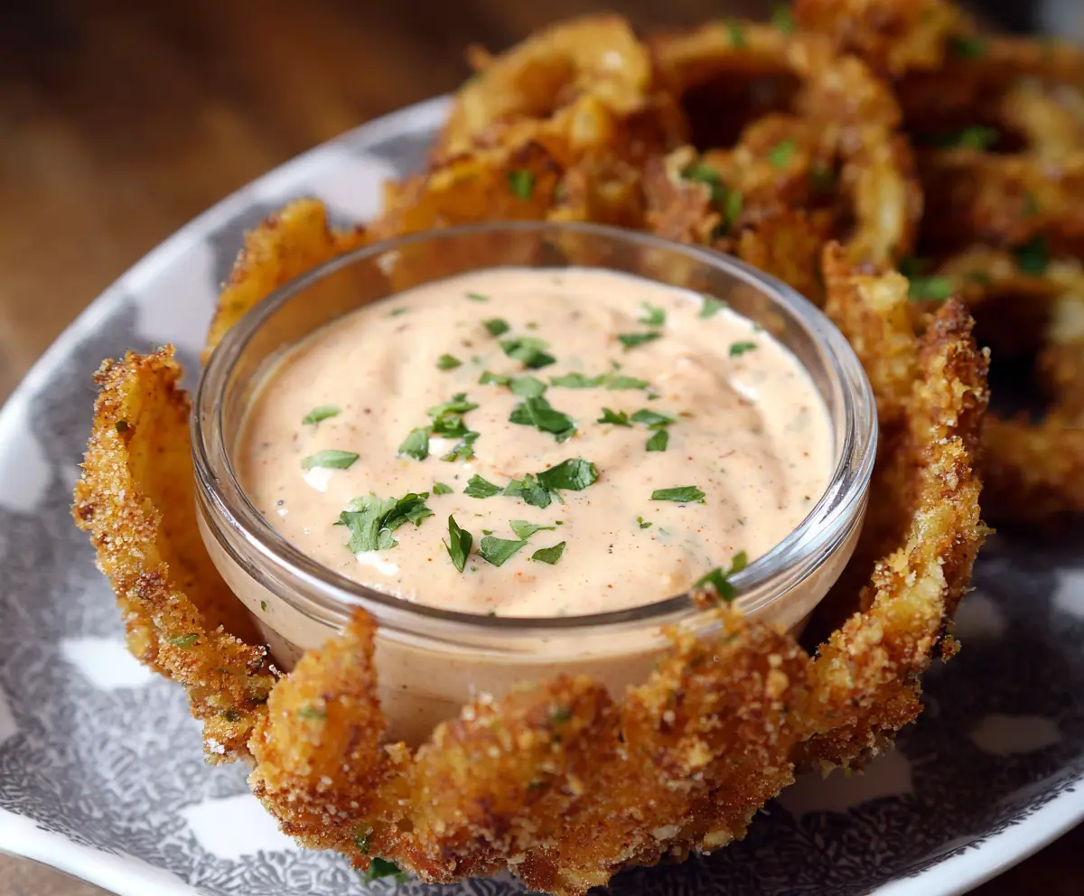Creamy Bloomin Onion Sauce served with crispy onion petals for dipping.