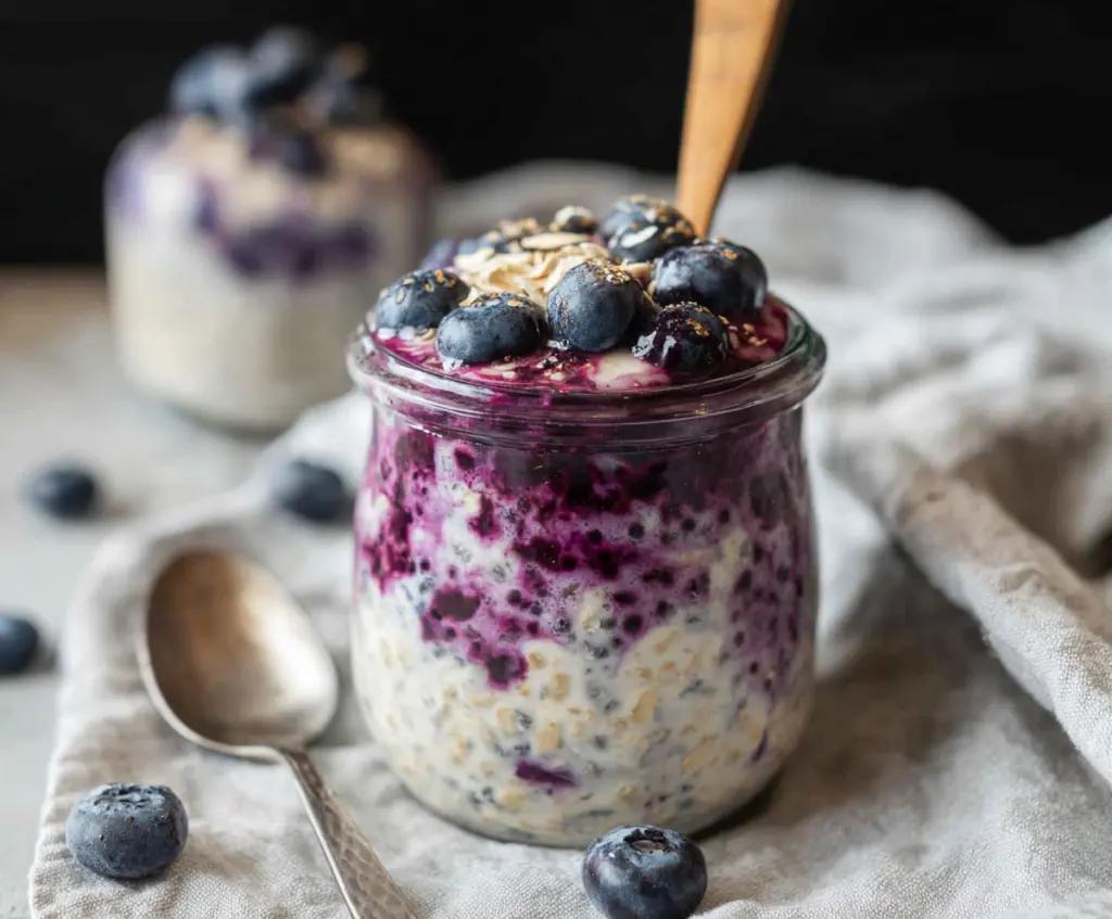 Creamy blueberry cheesecake overnight oats in a glass jar topped with fresh blueberries and a drizzle of honey.