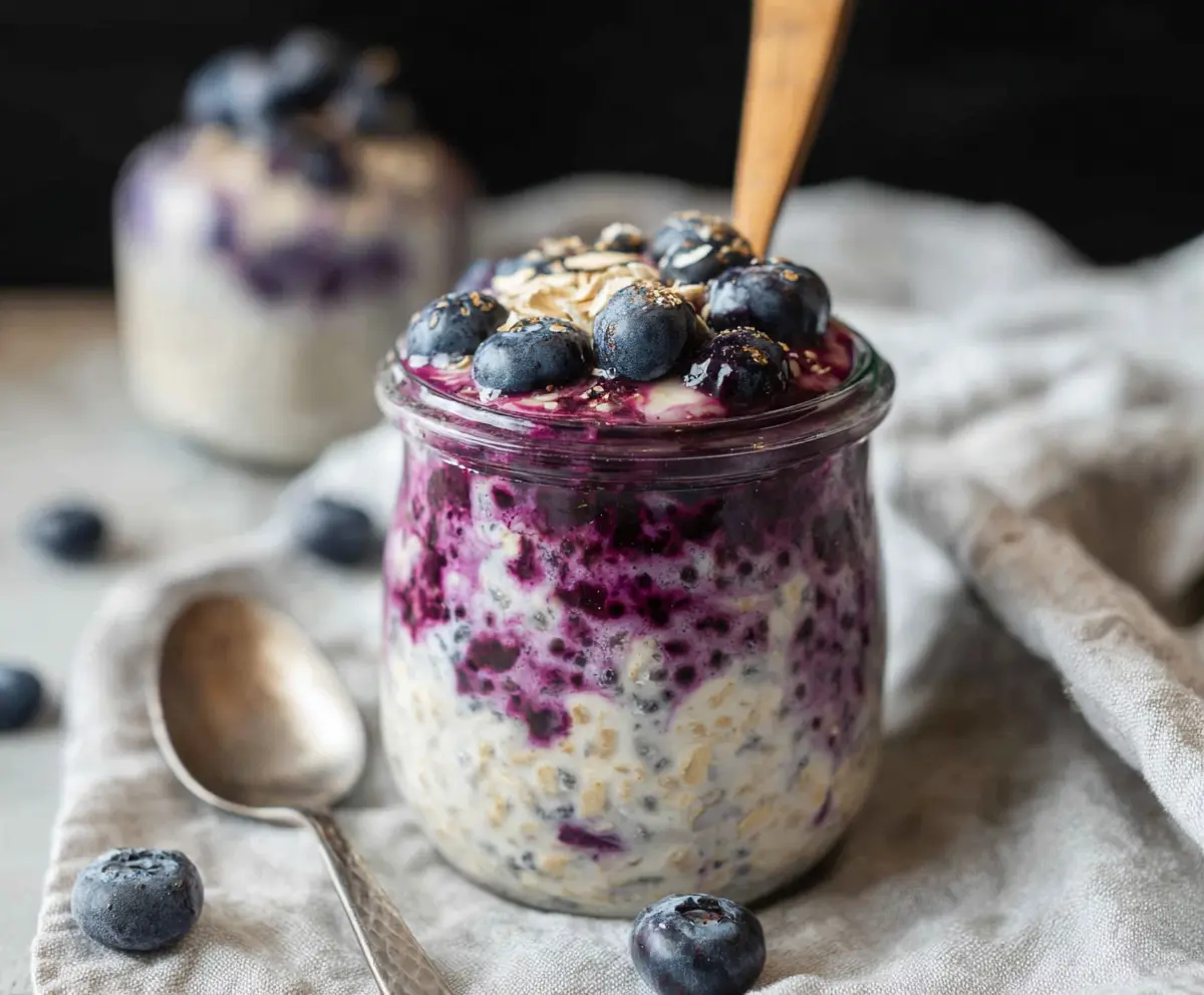 Creamy blueberry cheesecake overnight oats in a glass jar topped with fresh blueberries and a drizzle of honey.