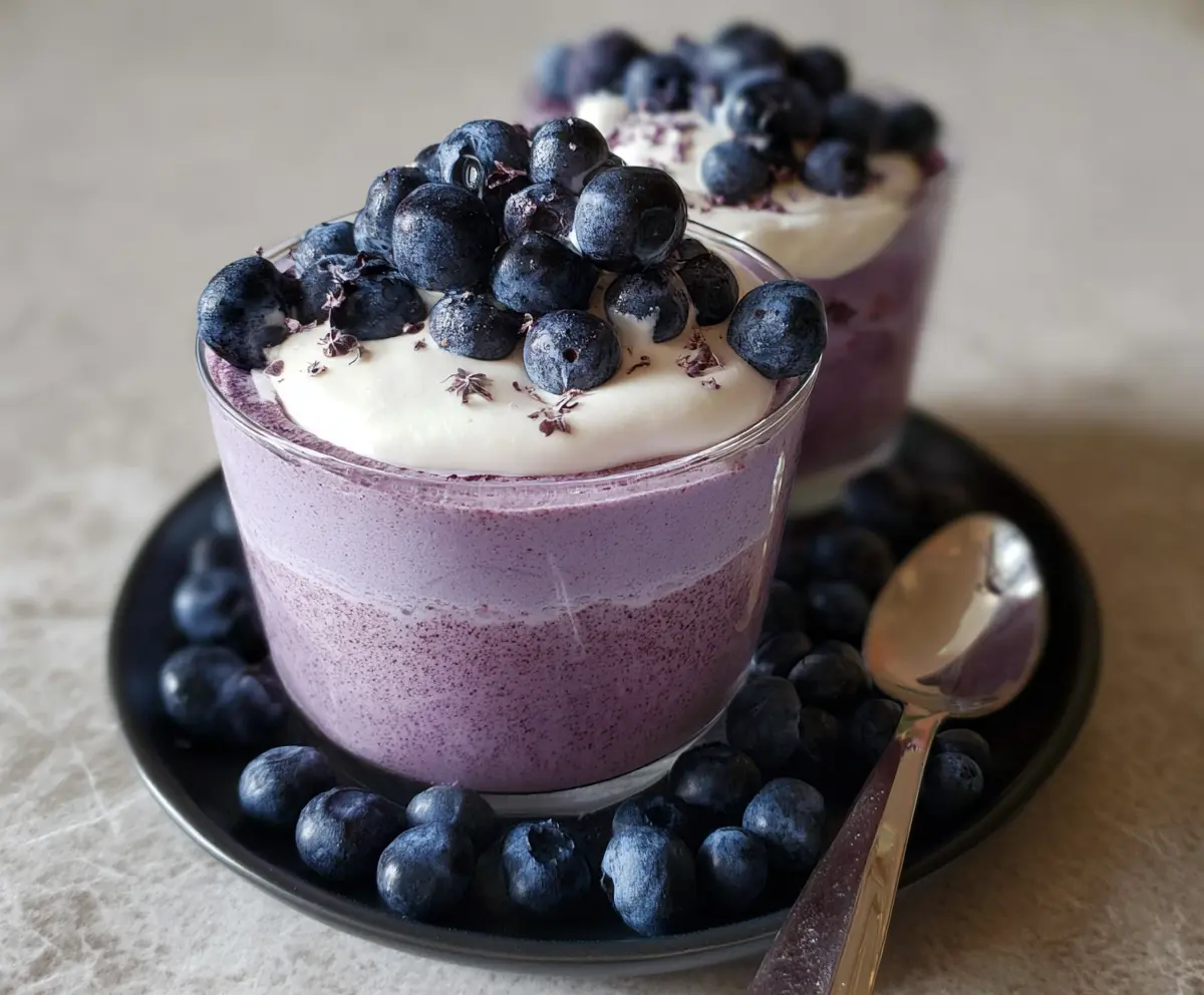 Delicious blueberry cottage cheese mousse served in a glass bowl with fresh blueberries garnish.