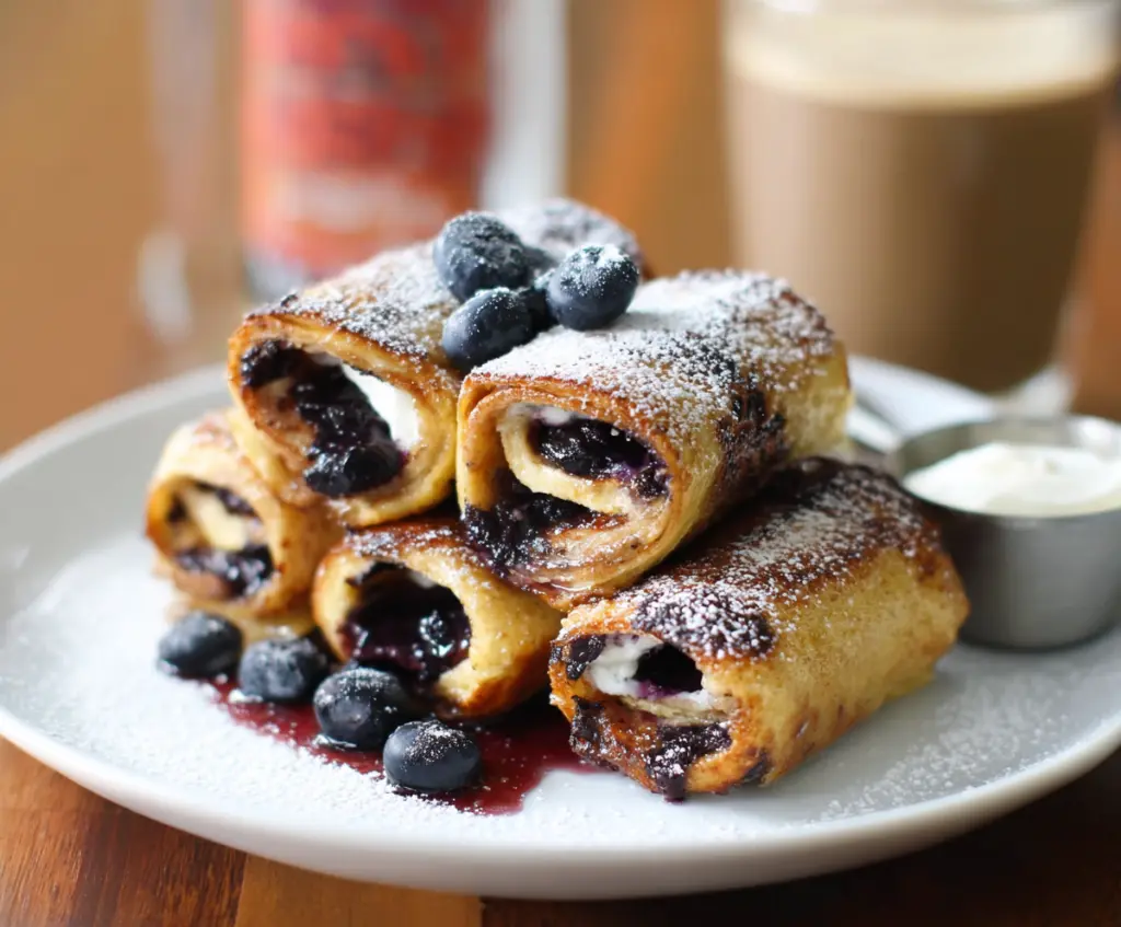 Delicious Blueberry French Toast Roll Ups topped with fresh blueberries and powdered sugar