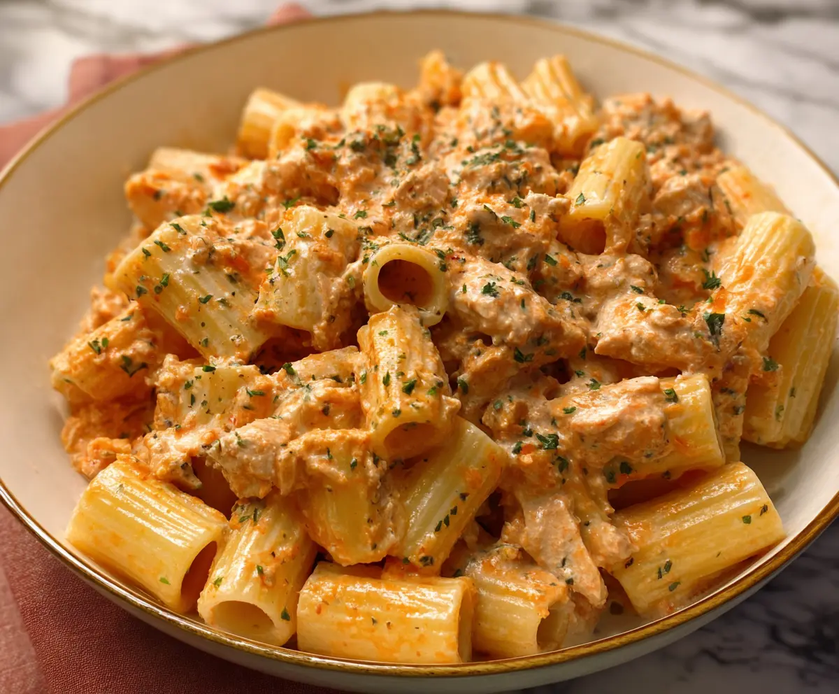 Creamy Boursin cheese rigatoni pasta dish topped with herbs