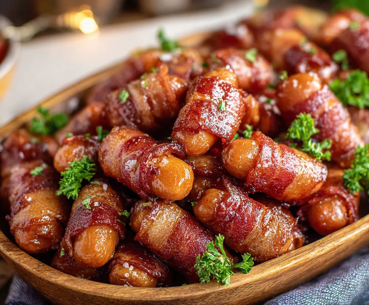 Delicious Brown Sugar Bacon Little Smokies appetizer on a platter, perfect for parties and gatherings.