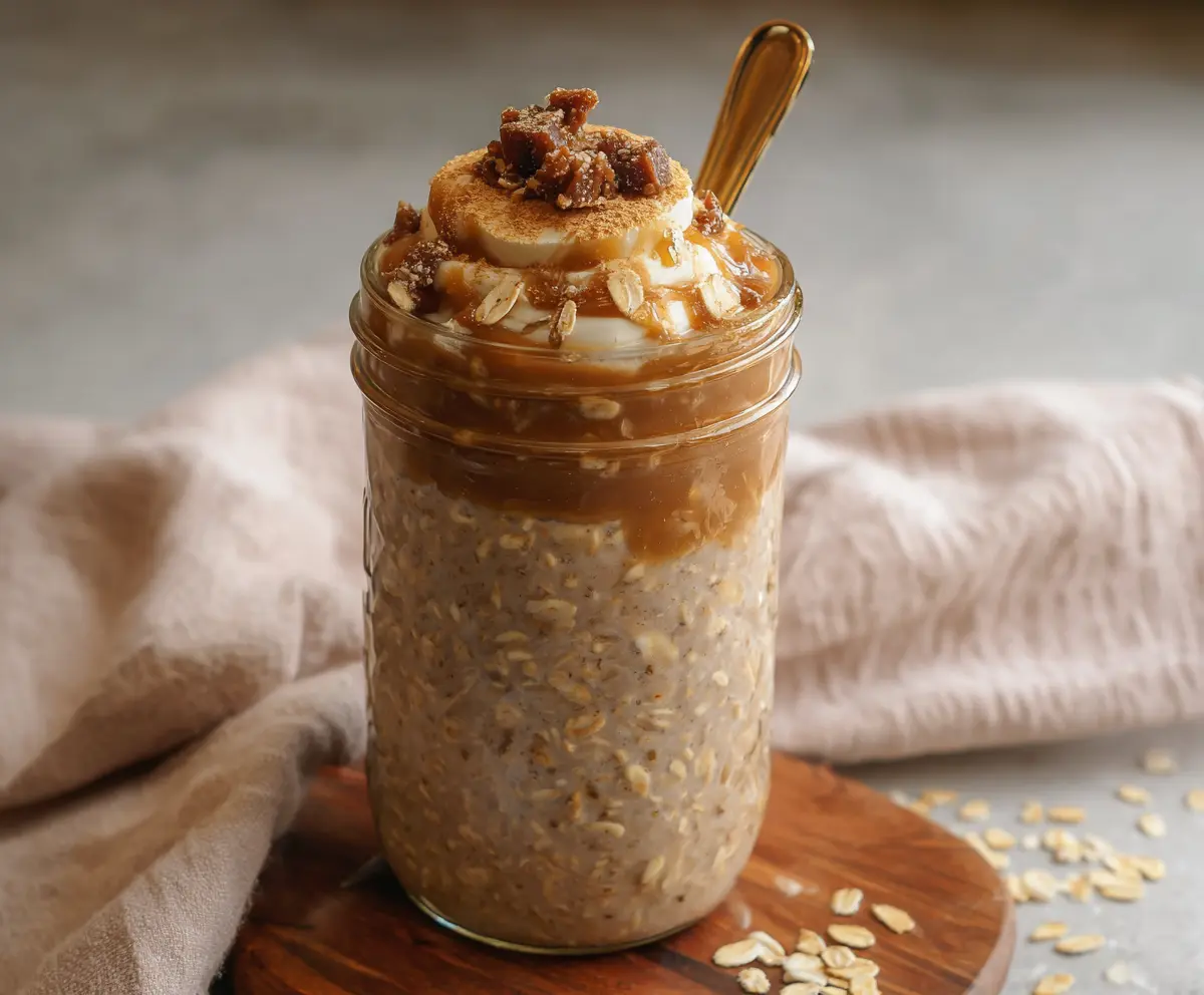 Creamy overnight oats with brown sugar and espresso topped with chocolate shavings for a delicious breakfast.