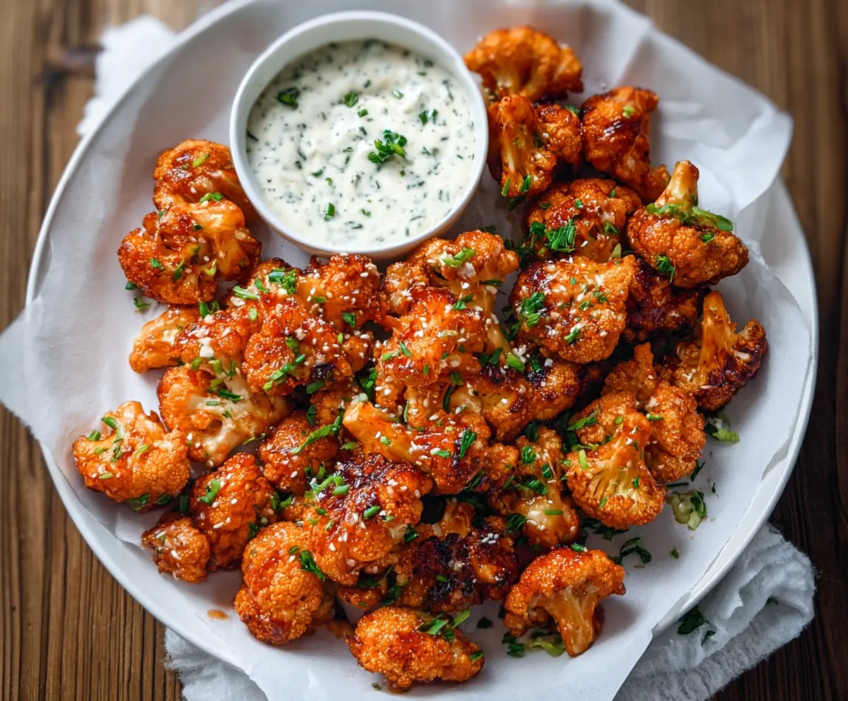 Spicy Buffalo cauliflower wings served with celery sticks and blue cheese dip