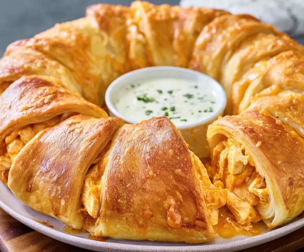 Delicious buffalo chicken crescent ring served fresh with spicy and cheesy toppings