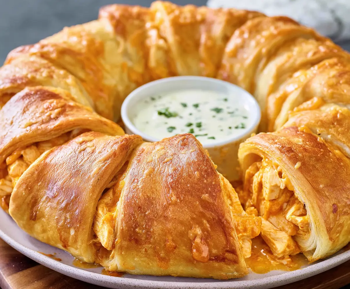 Delicious buffalo chicken crescent ring served fresh with spicy and cheesy toppings