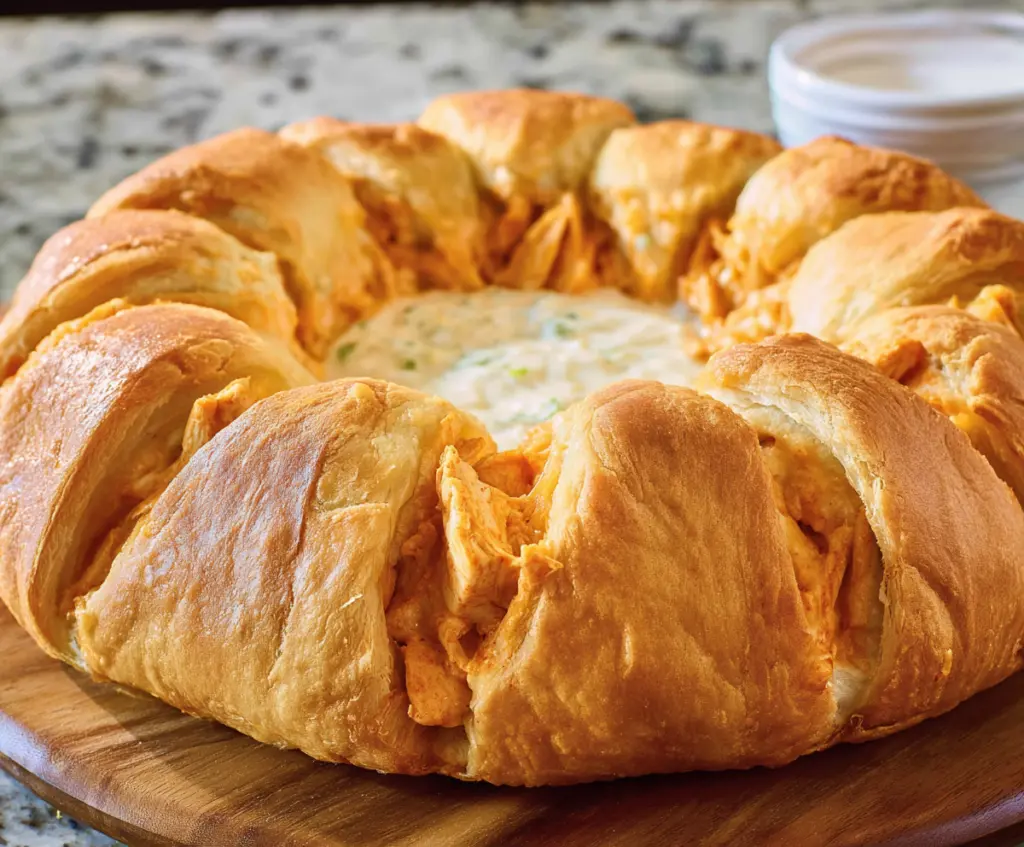 Delicious Buffalo Chicken Crescent Roll Ring garnished with green herbs on a white plate.