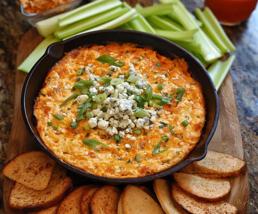 Delicious Buffalo Chicken Dip with Tangy Blue Cheese Crumbles, perfect for parties and game day snacking.