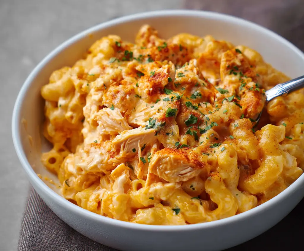Creamy Buffalo Chicken Mac and Cheese dish topped with melted cheese and spicy buffalo sauce.