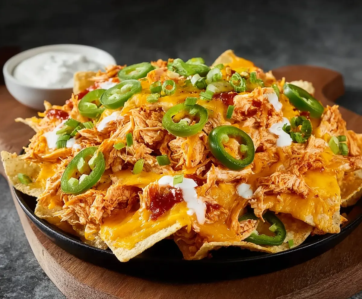 Delicious buffalo chicken nachos topped with melted cheese, spicy buffalo sauce, and fresh toppings.