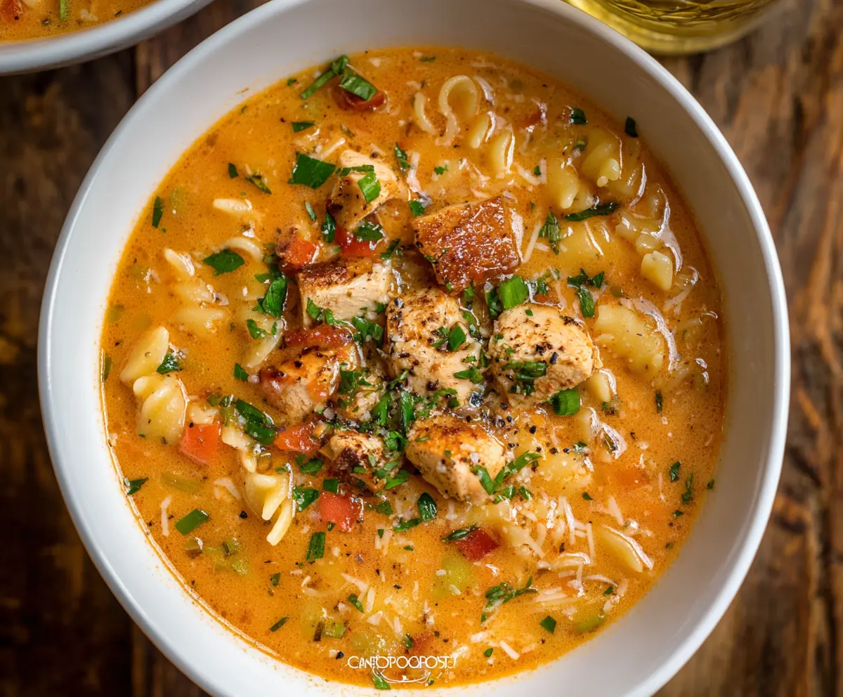 Creamy Cajun Chicken Soup Pasta with spicy seasoning and fresh herbs