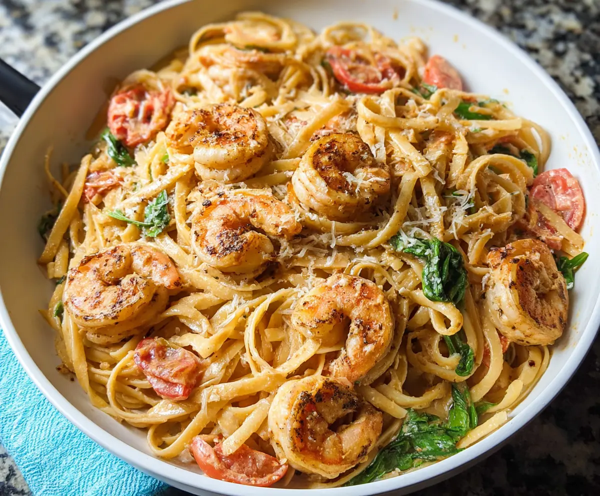Delicious Cajun Shrimp Pasta with spicy Cajun seasoning and creamy sauce served on a plate.