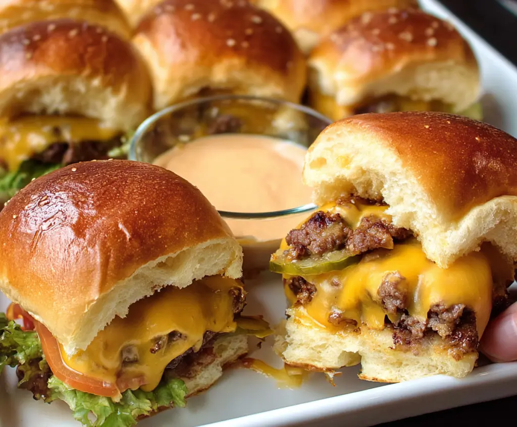 Delicious cheeseburger sliders with melted cheese, juicy beef patties, and soft slider buns served on a plate.