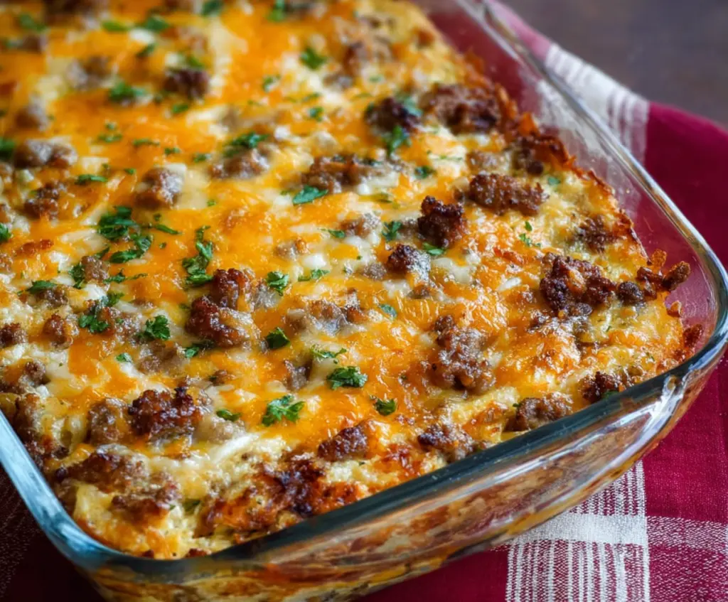 Delicious Cheesy Sausage and Hashbrown Breakfast Casserole in a baking dish
