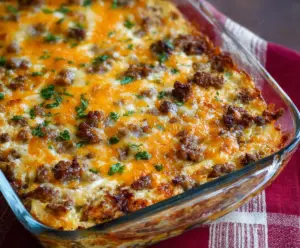 Delicious Cheesy Sausage and Hashbrown Breakfast Casserole in a baking dish