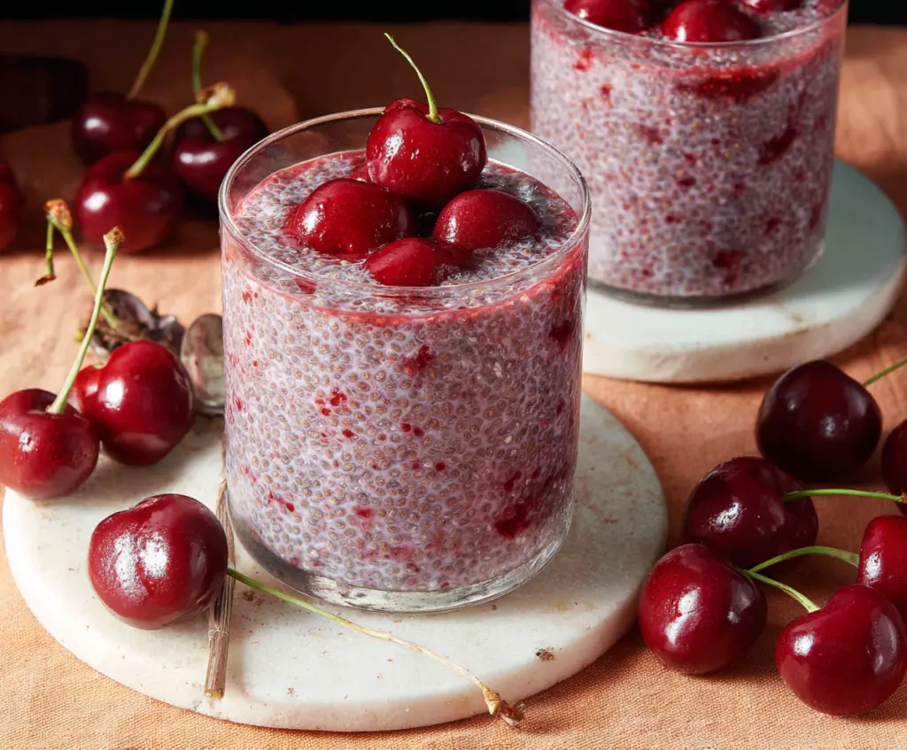 Delicious Cherry Chia Pudding topped with fresh cherries and organic chia seeds