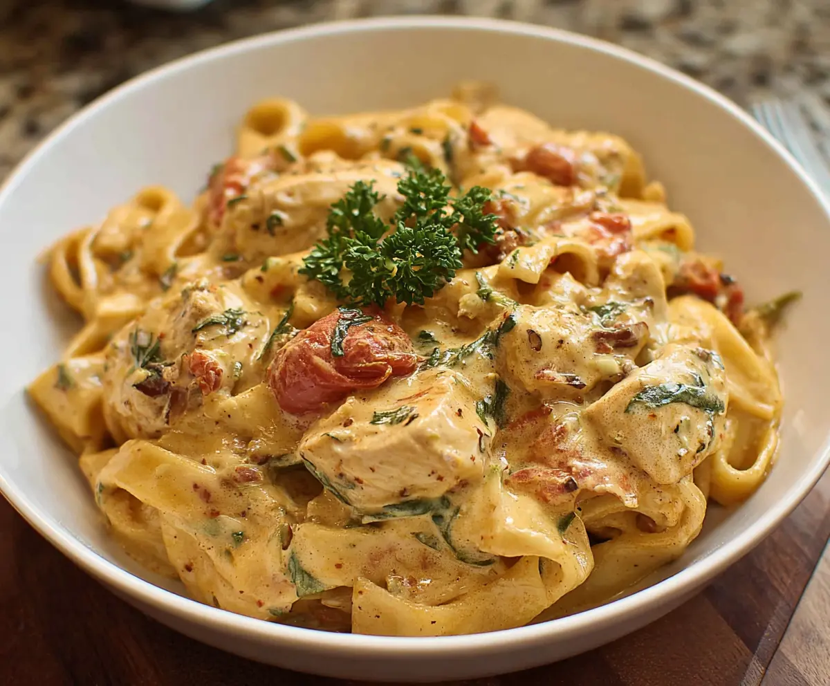 Creamy Tuscan Chicken Pasta dish featuring tender chicken, spinach, sun-dried tomatoes, and a rich cream sauce.