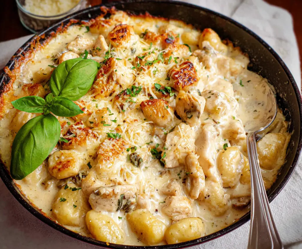 Creamy Chicken Gnocchi Alfredo served in a bowl with fresh herbs