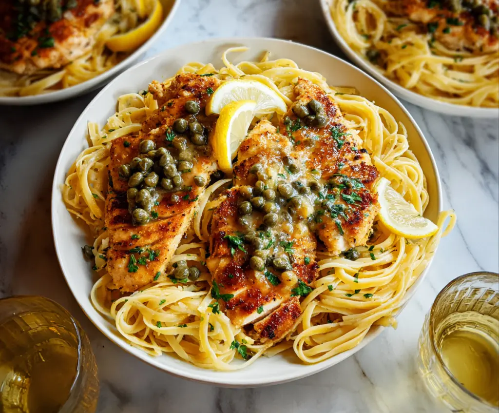 Delicious Chicken Piccata Pasta topped with lemon and fresh herbs on a white plate.
