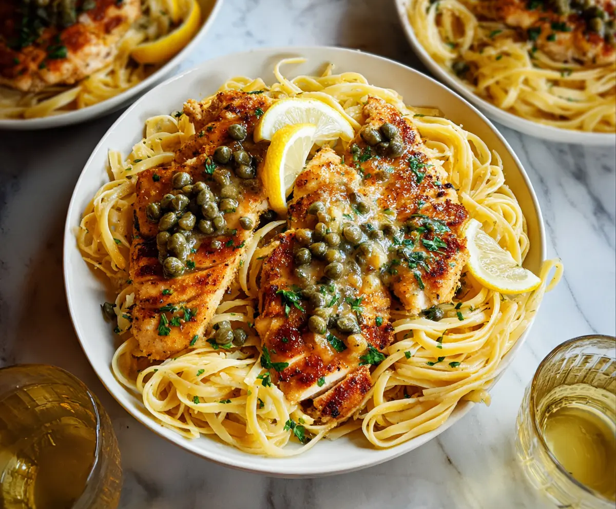 Delicious Chicken Piccata Pasta topped with lemon and fresh herbs on a white plate.