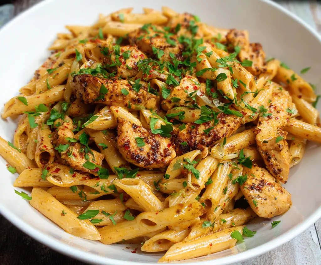 Delicious spicy Cajun chicken pasta dish with vibrant herbs and creamy sauce