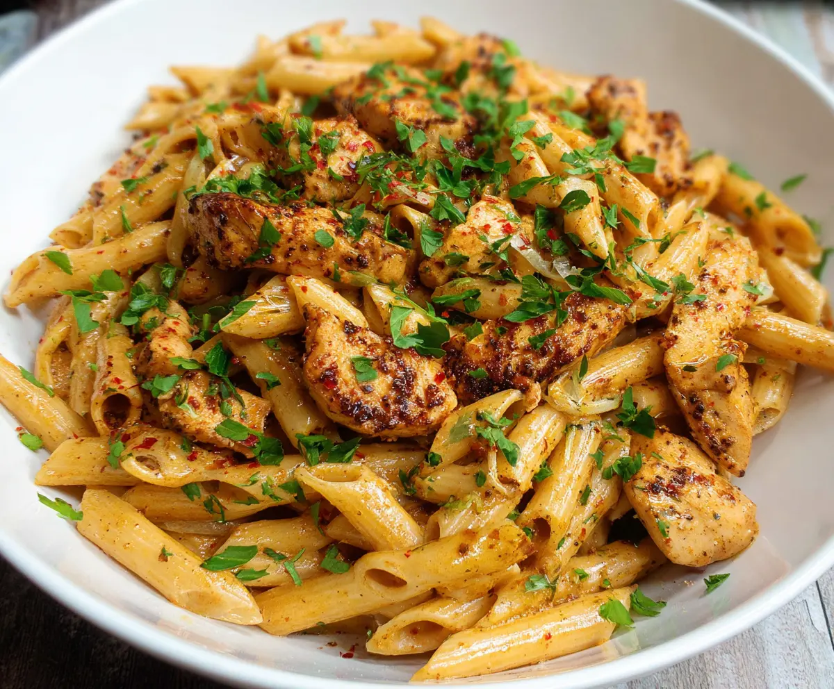 Delicious spicy Cajun chicken pasta dish with vibrant herbs and creamy sauce