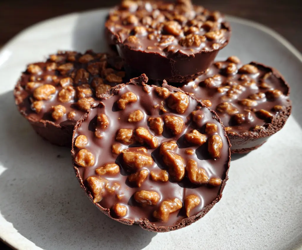 Delicious Chocolate Peanut Butter Crunch Cups topped with melted chocolate and crunchy peanut bits.
