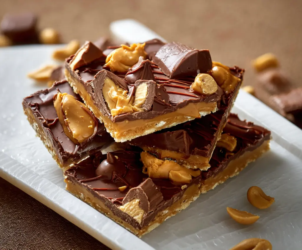 Delicious Chocolate Peanut Butter Cup Cracker Toffee on a plate, showcasing a rich, chocolatey and peanut buttery dessert.