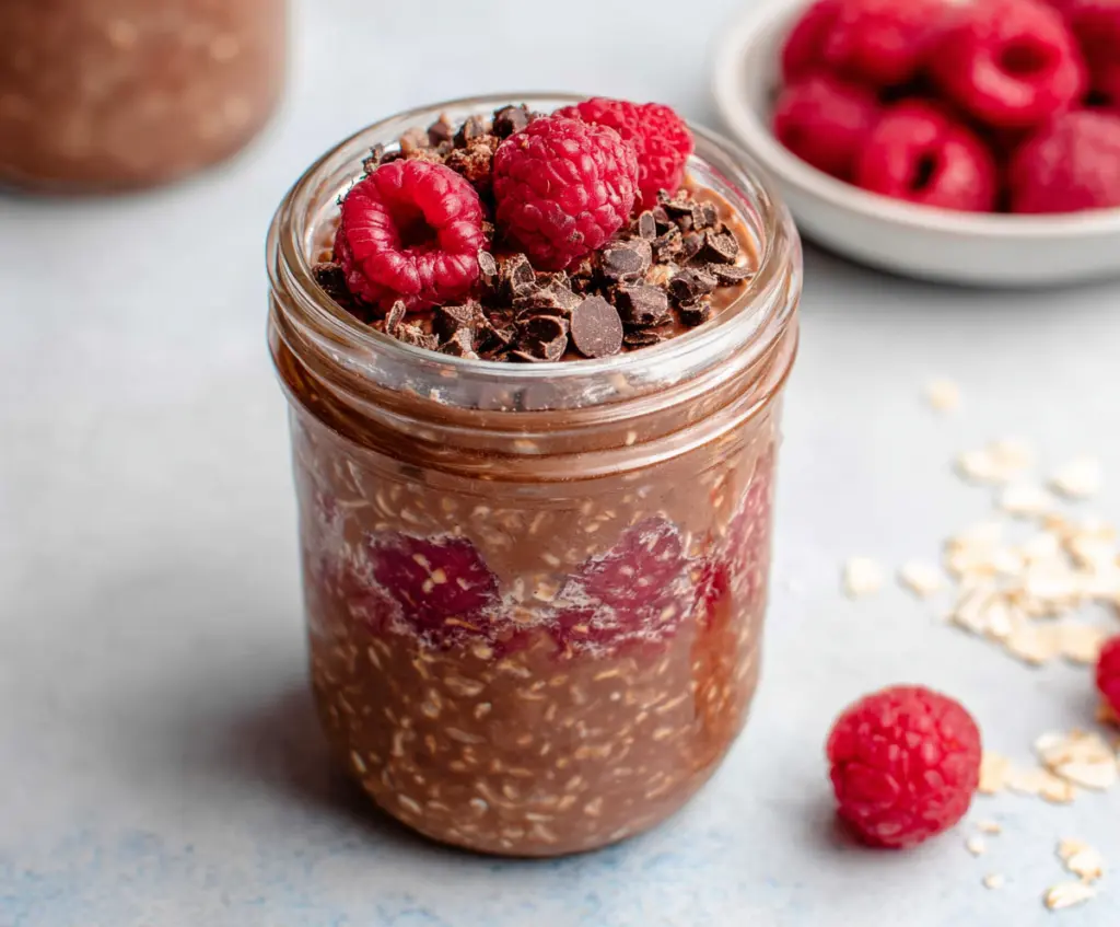 Delicious chocolate raspberry overnight oats in a glass jar with fresh raspberries and cocoa powder
