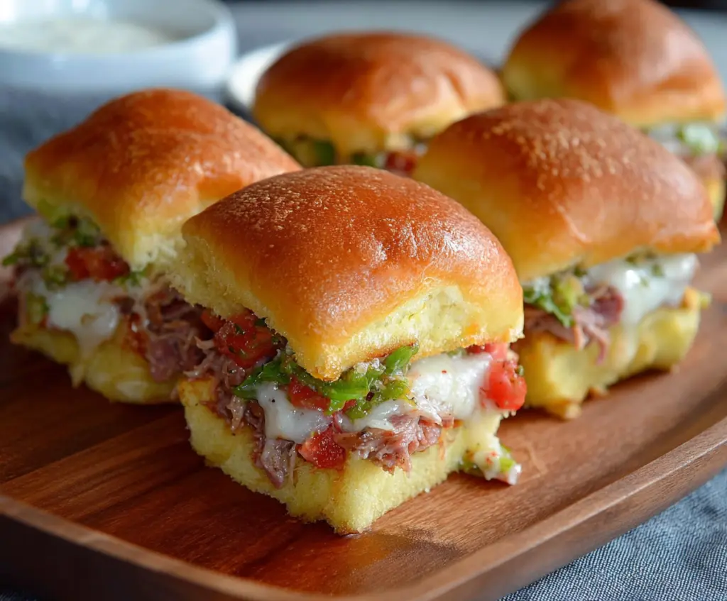 Close-up of chopped Italian sliders with melted cheese and fresh herbs on a plate.