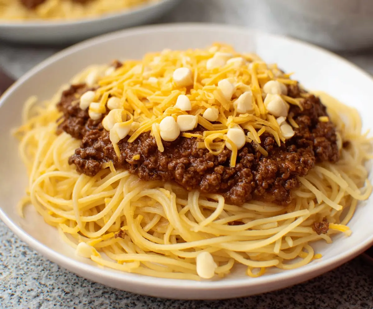 Delicious Cincinnati chili served over spaghetti with shredded cheese and chopped onions.