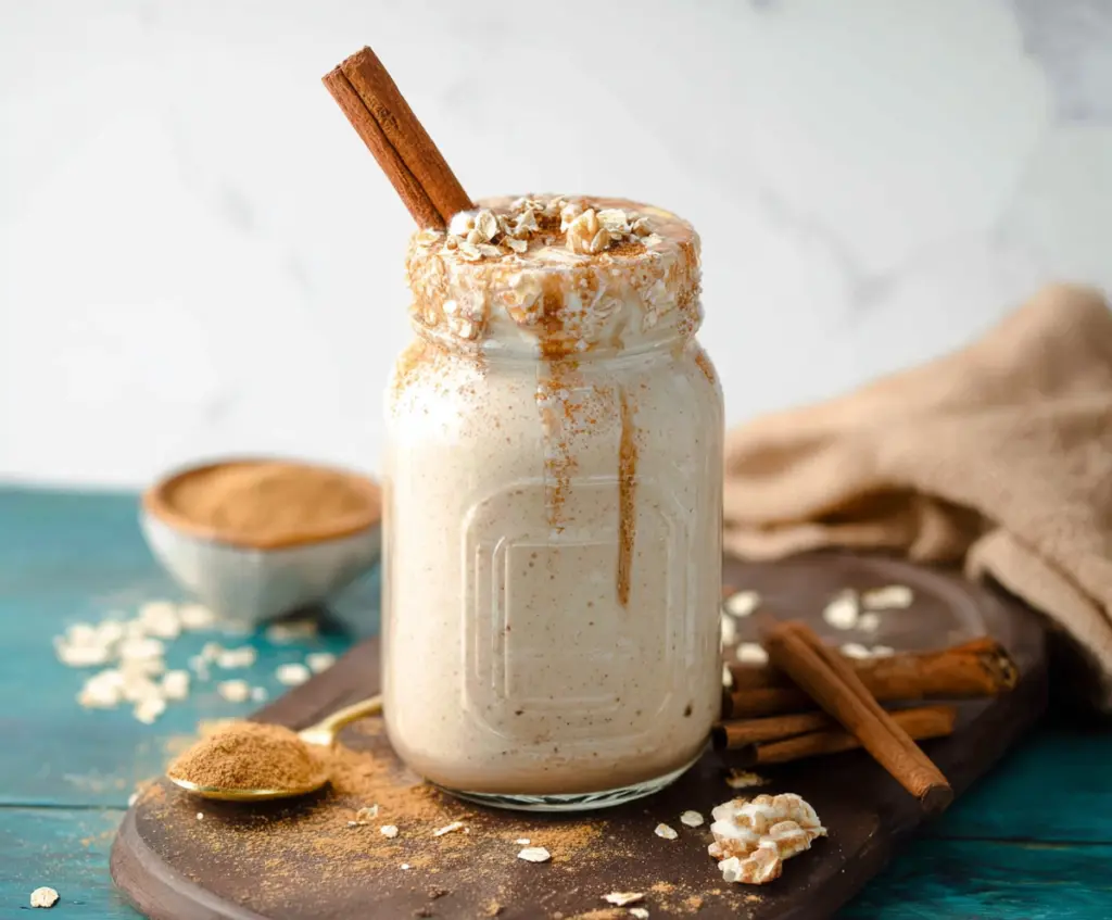 Creamy cinnamon roll protein shake with a swirl of cinnamon on top, served in a clear glass.