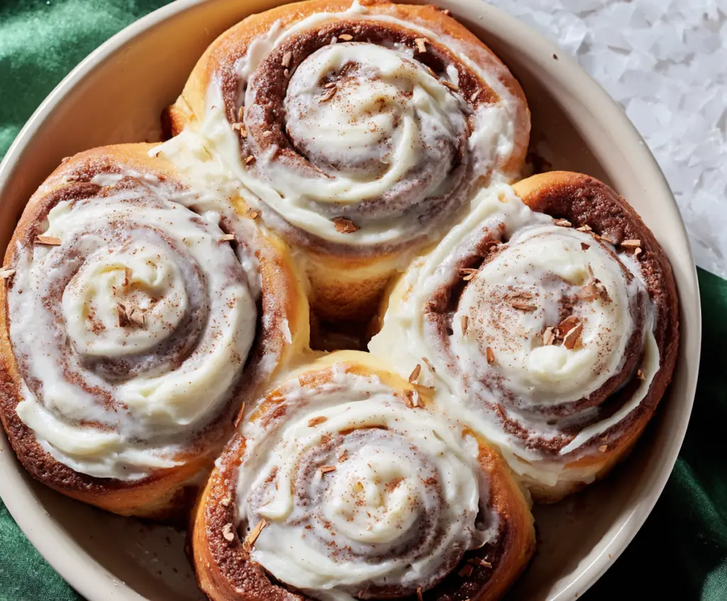 Delicious cinnamon rolls topped with creamy cream cheese frosting, perfect for breakfast or dessert.