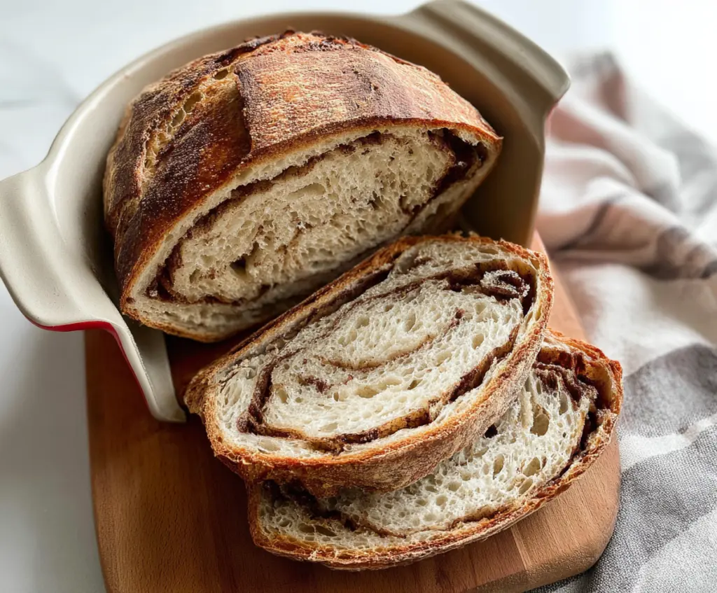 Homemade cinnamon swirl sourdough discard bread on a rustic wooden surface, showcasing its golden crust and cinnamon filling.