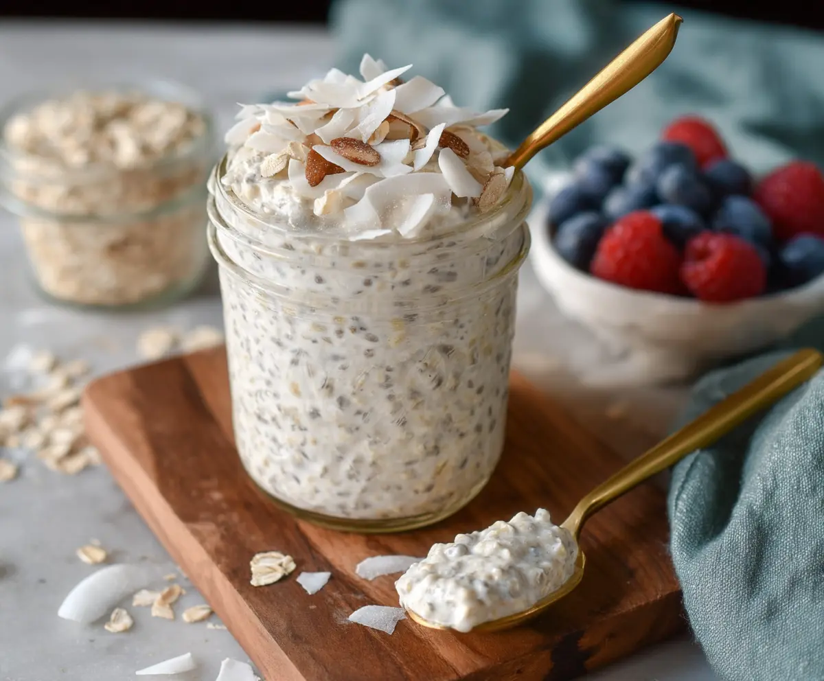 Creamy coconut overnight oats in a jar topped with fresh fruit and shredded coconut.
