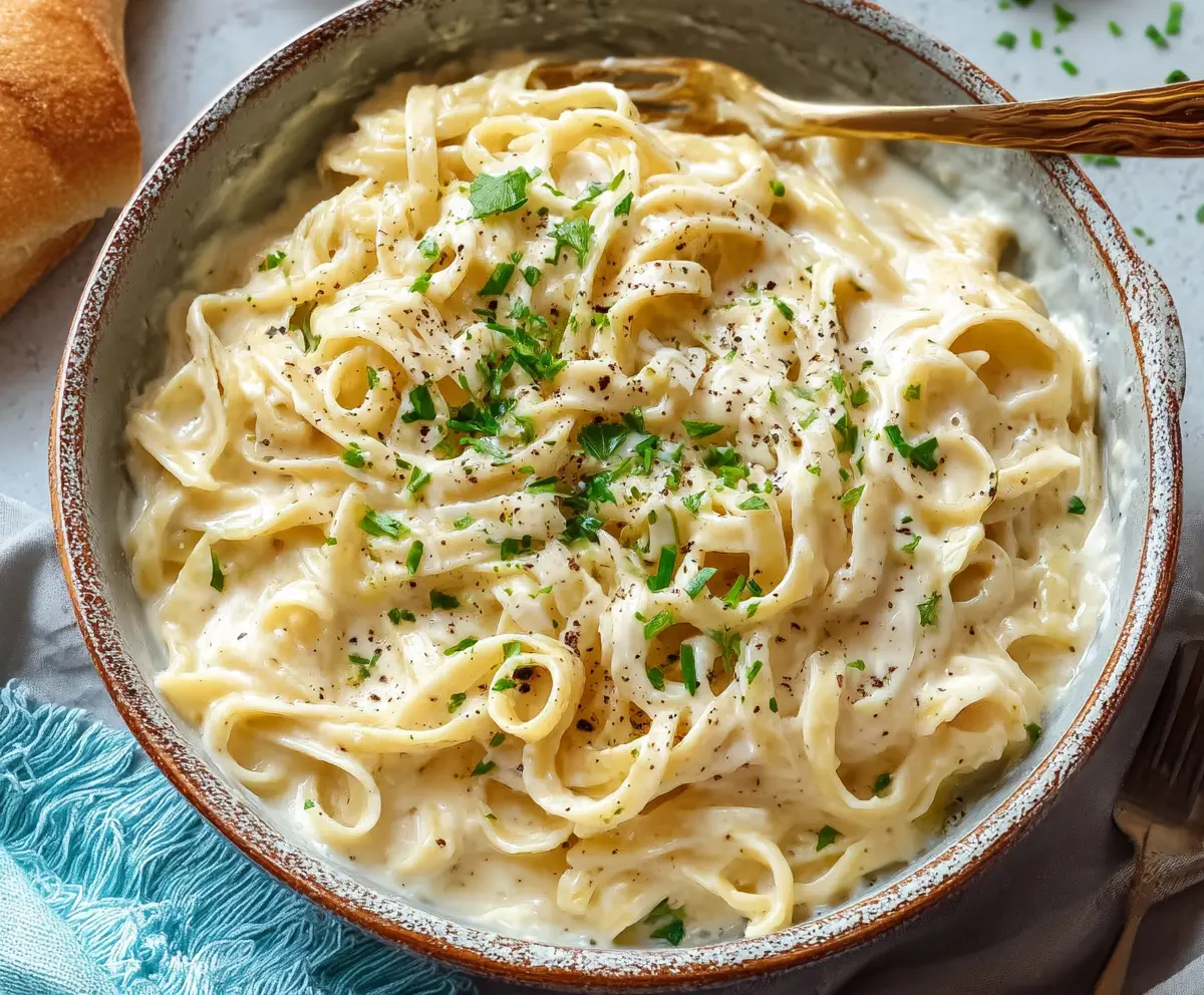Creamy Cottage Cheese Alfredo Pasta served in a white bowl, garnished with fresh herbs.