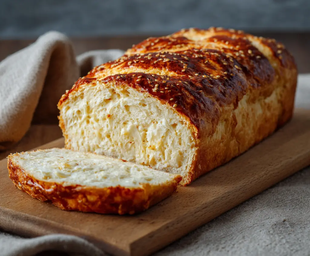 Fresh homemade cottage cheese bread on a cutting board with a golden crust and soft interior.